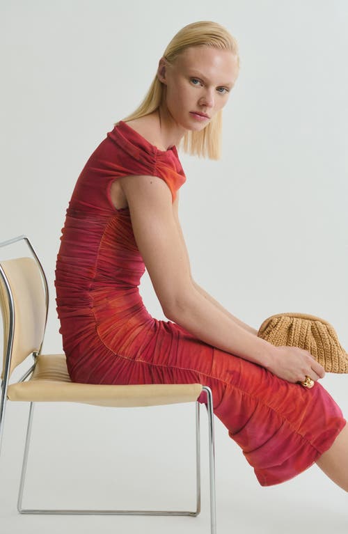 Mango Floral Print Ruched One-shoulder Midi Dress In Burgundy