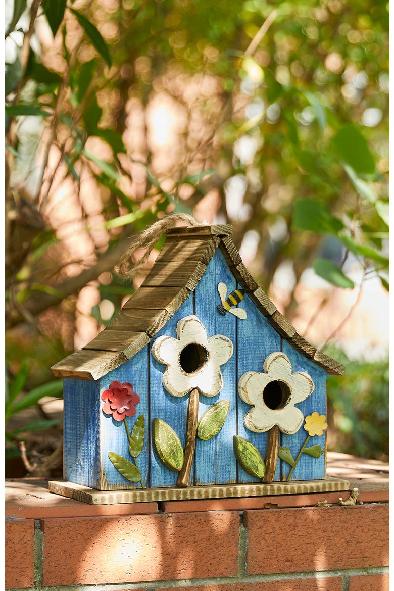 Distressed Solid Wood Birdhouse with 3D Flowers, Alternate, color, Blue