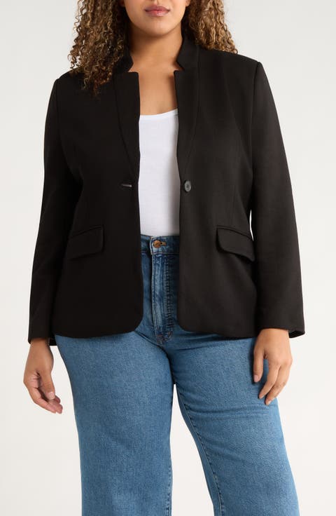 Inverted Notch Collar Cotton Blend Blazer (Plus)