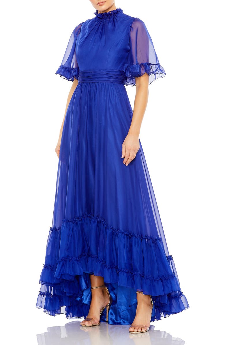Mac Duggal Ruffled High Neck Flutter Sleeve High Low Hem Gown, Main, color, Sapphire