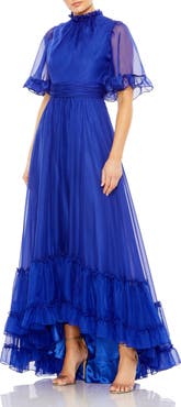 Mac Duggal Ruffled High Neck Flutter Sleeve High Low Hem Gown