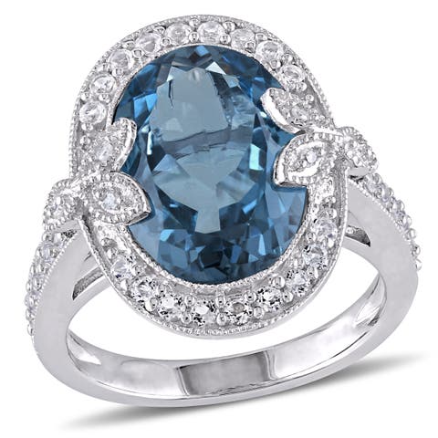 Blue & White Topaz Cocktail Ring Sterling Silver