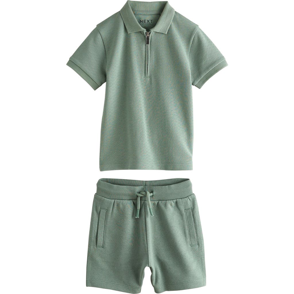 Next Kids' Zip Polo & Drawstring Shorts Set In Green