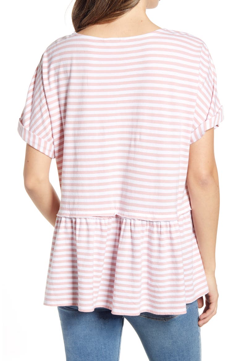 Floaty Peplum Jersey Top, Alternate, color, WHITE- PINK STRIPE