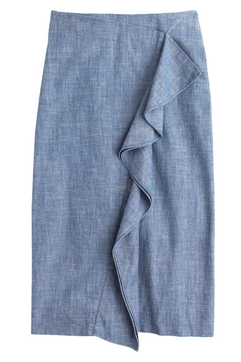 J.Crew Chambray Ruffle Skirt, Alternate, color, PALE INDIGO