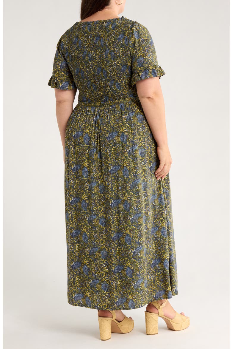 Smocked Ruffle Maxi Dress, Alternate, color, NAVY- YELLOW JASMINE BOHO