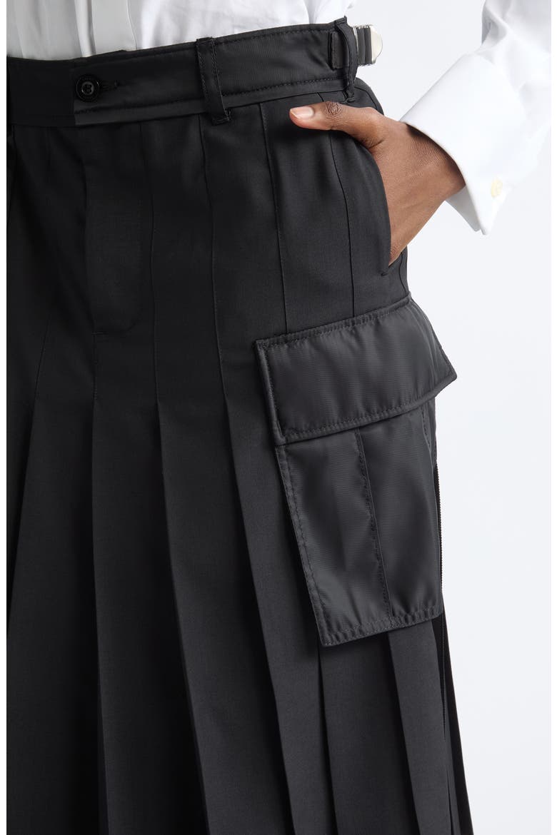 Pleated Mixed Media Midi Skirt, Alternate, color, BLACK