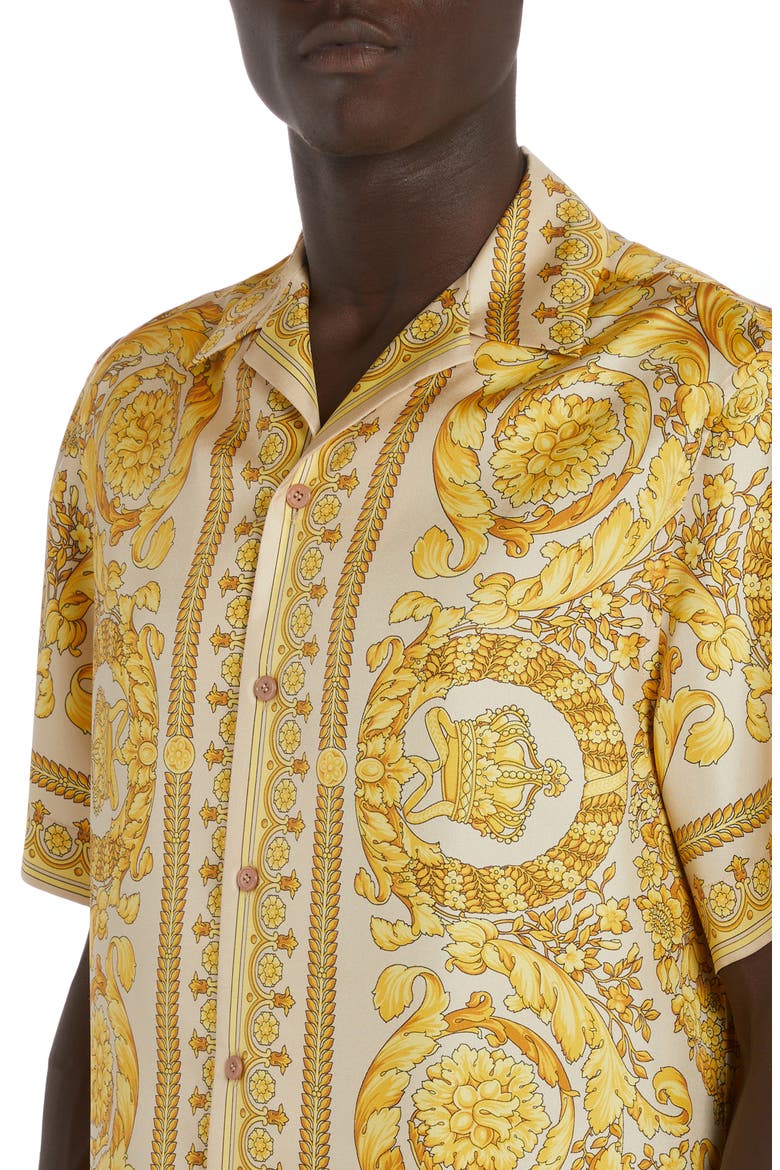 Men's Barocco Print Silk Button-Up Shirt, Alternate, color, CHAMPAGNE