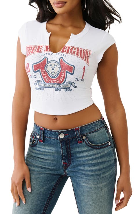 Crop Distressed Buddha Crystal Graphic T-Shirt