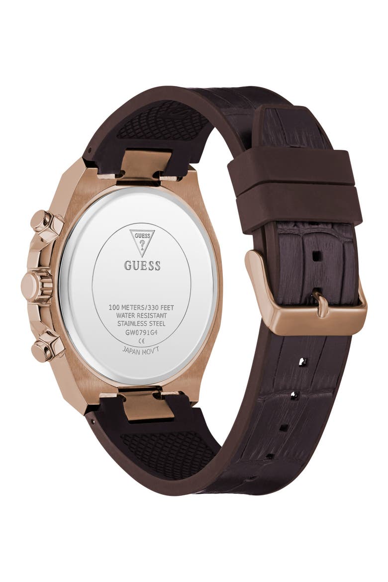 Coffee Chronograph Leather & Silicone Strap Watch, 44mm, Alternate, color, BROWN