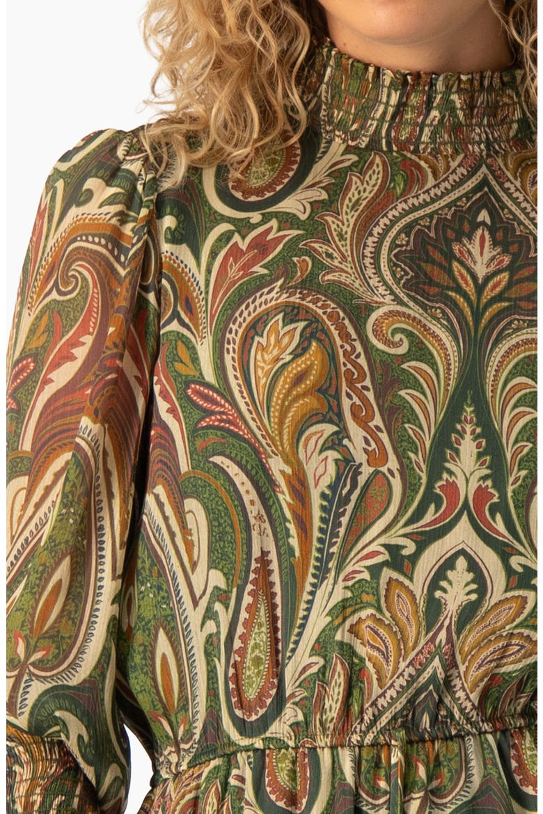 Paisley Print Smocked Mock-Neck Puff-Sleeve Mini Dress, Alternate, color, Olive Green