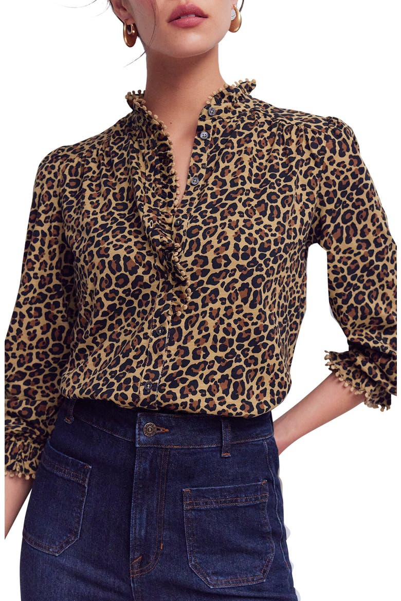 Emily Pom Detail Ruffle Shirt, Main, color, CAMEL, CHEETAH POP