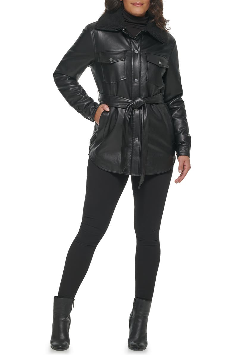 Kenneth Cole Faux Leather Tie Belt Shacket with Removable Faux Shearling Collar, Main, color, Black