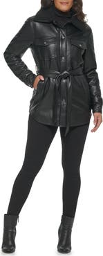 Kenneth Cole Faux Leather Tie Belt Shacket with Removable Faux Shearling Collar