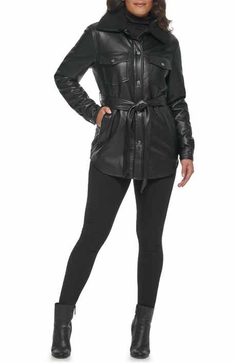 Faux Leather Tie Belt Shacket with Removable Faux Shearling Collar
