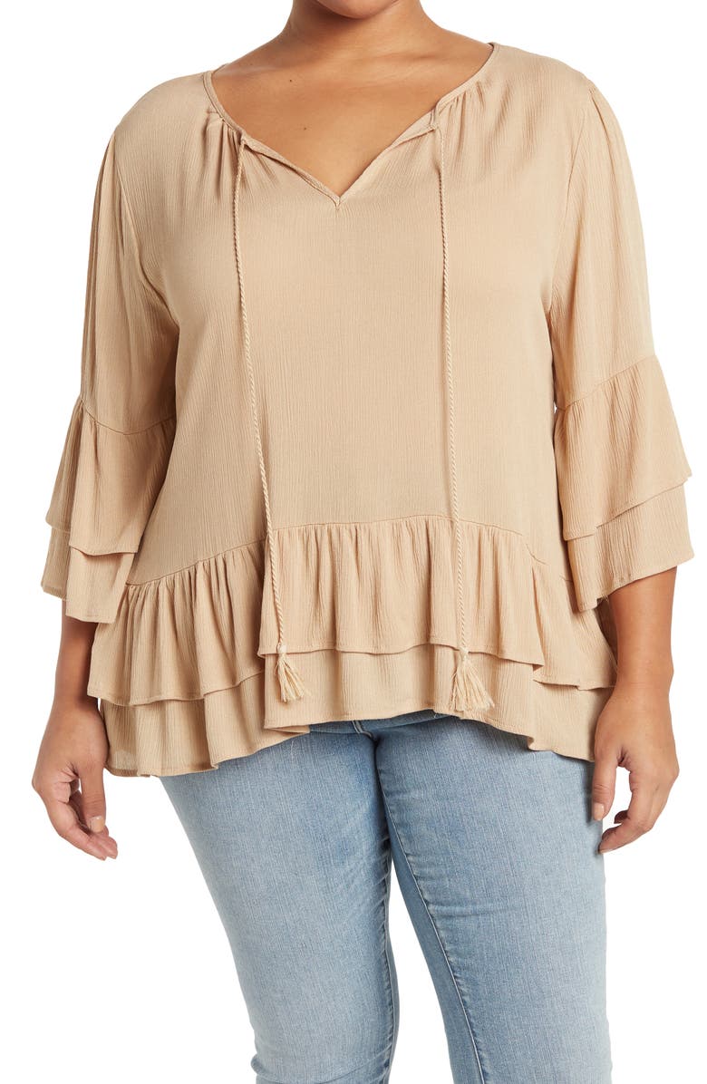 Forgotten Grace Tie Front Ruffle Waist Tunic, Main, color, 
