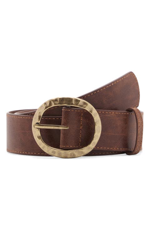 Textured Faux Leather Belt with Round Buckle