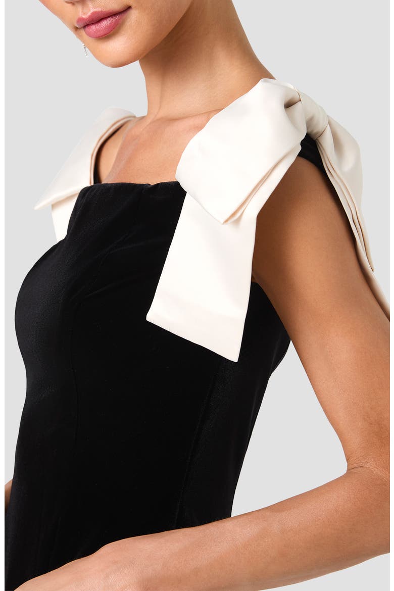 Satin Shoulder Bow Velvet Minidress, Alternate, color, BLACK WITH PORCELAIN CREAM