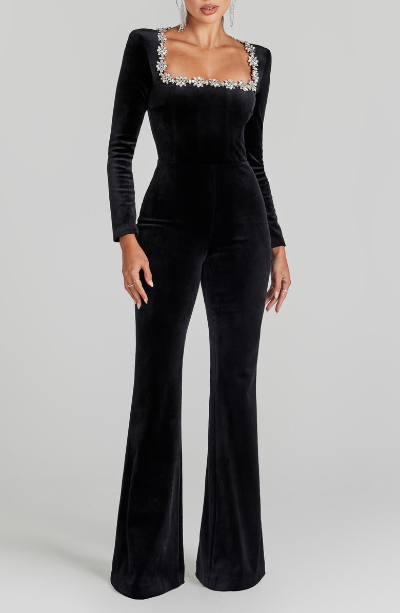 NADINE MERABI Kimberly Rhinestone Trim Velvet Jumpsuit, Main, color, Black
