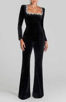Kimberly Rhinestone Trim Velvet Jumpsuit