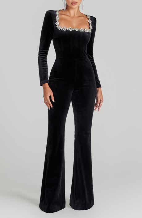 Kimberly Rhinestone Trim Velvet Jumpsuit