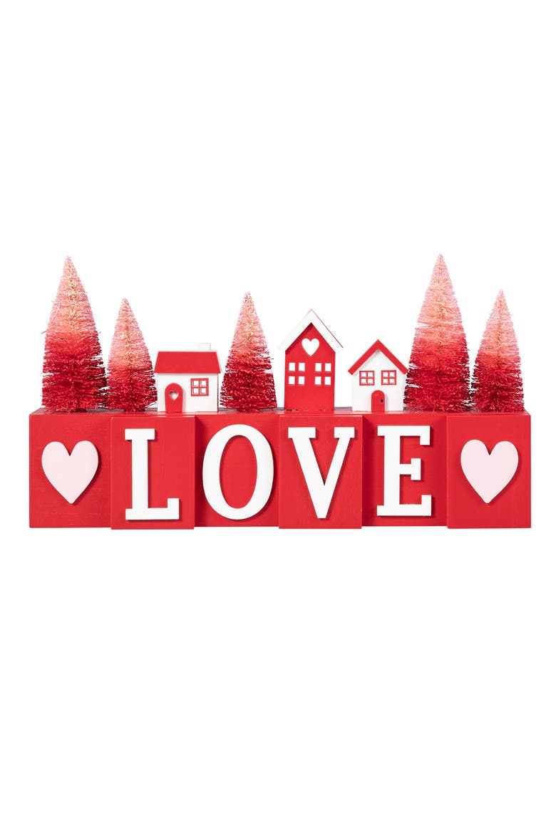 14"L Valentine's Wooden House Brush Trees LOVE Table Decor, Main, color, Red