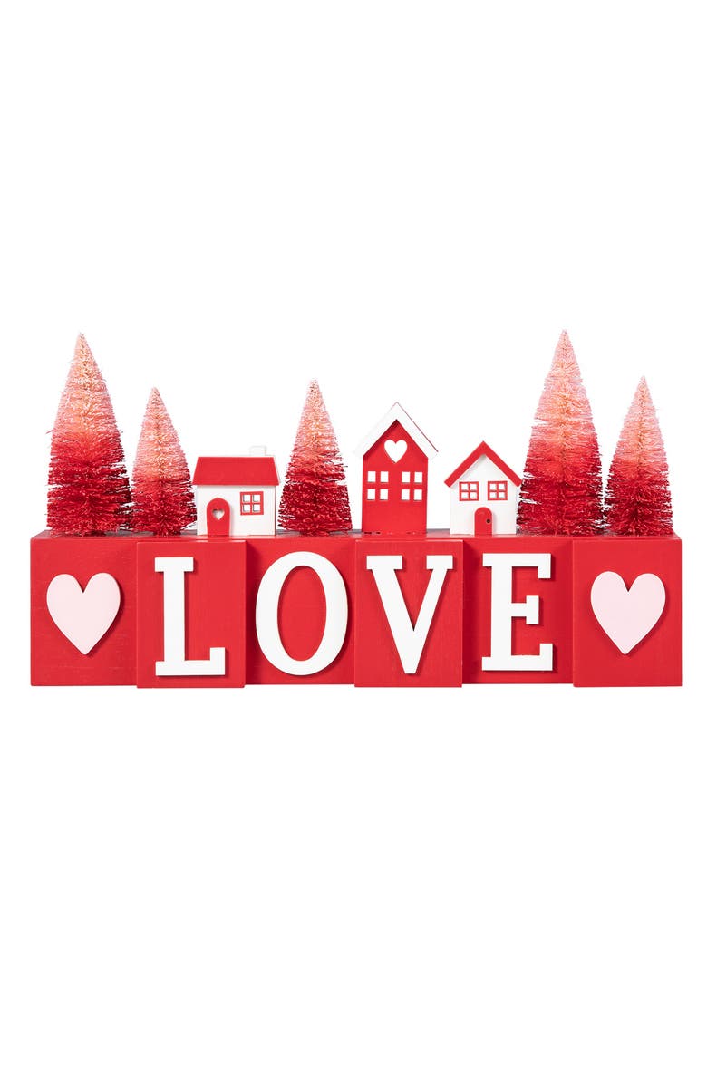 Glitzhome 14"L Valentine
s Wooden House Brush Trees LOVE Table Decor, Main, color, Red