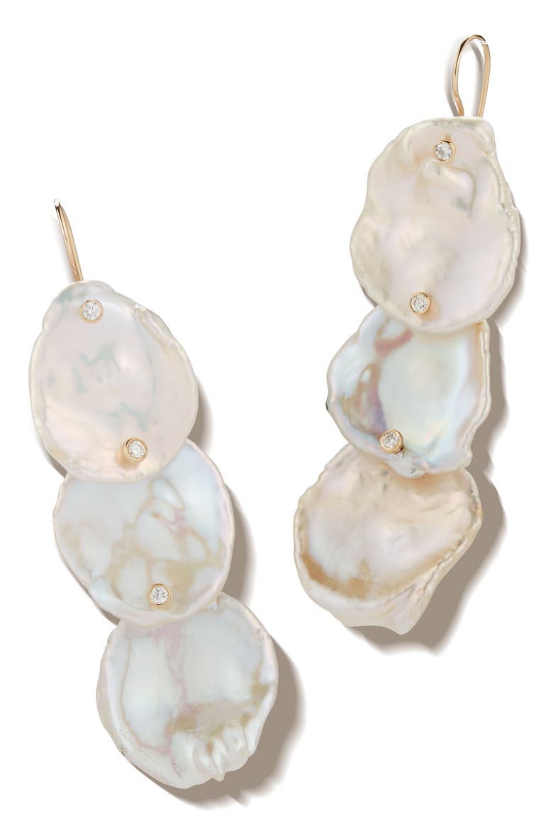 3-Tier Flat Pearl & Diamond Drop Earrings, Main, color, YELLOW GOLD/ PEARL