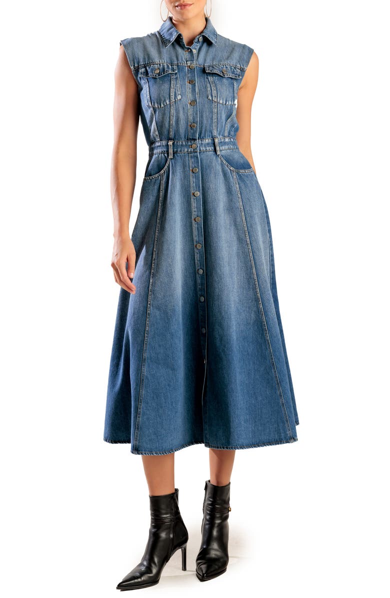 FREEMARKET Sleeveless Washed Denim Midi Dress, Main, color, 