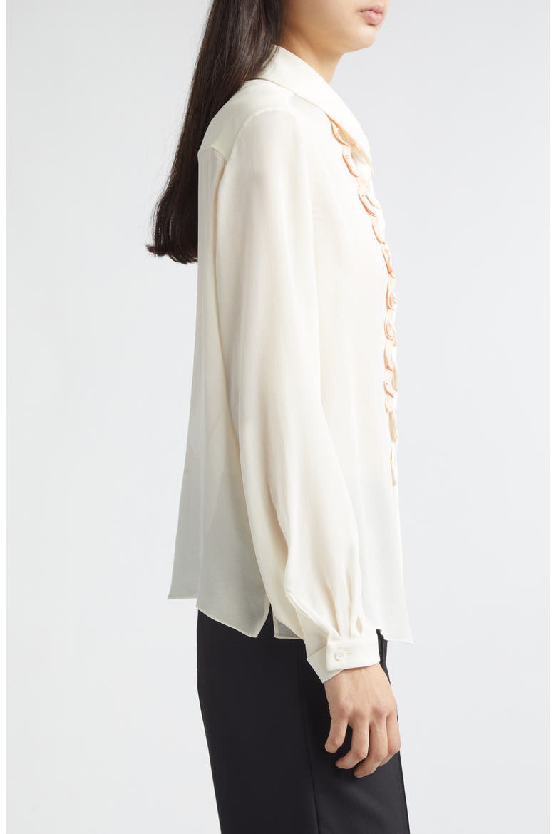 Ruffle Appliqué Silk Crêpe de Chine Button-Up Shirt, Alternate, color, BROWN/ ANTIQUE WHITE