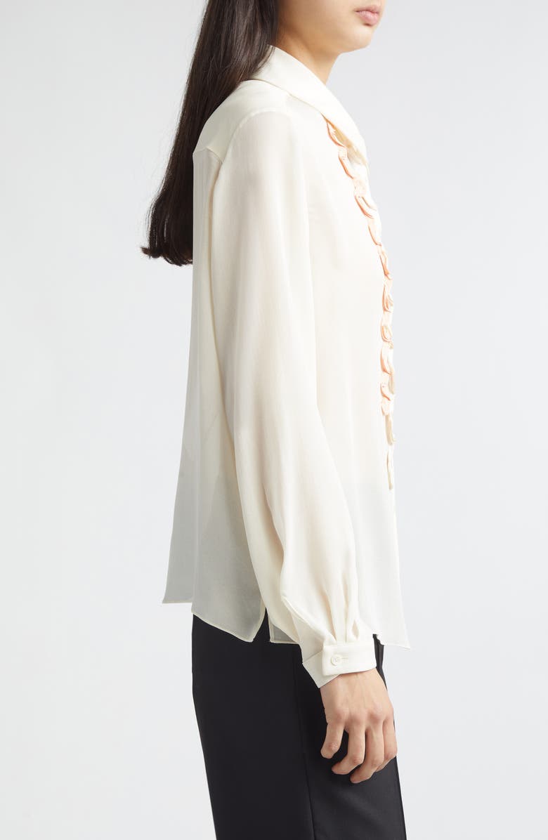 Marni Ruffle Appliqué Silk Crêpe de Chine Button-Up Shirt, Alternate, color, Brown/ Antique White