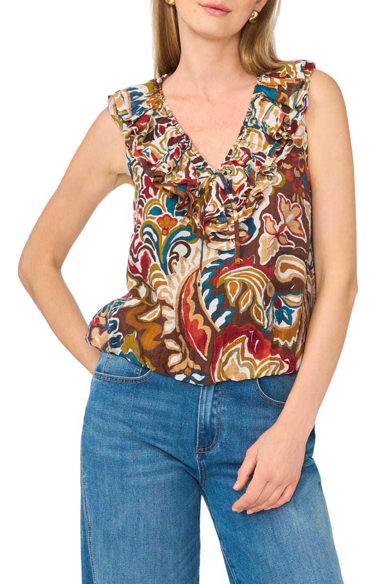 Ruffle Collar Sleeveless Top, Main, color, ECRU OLIVE