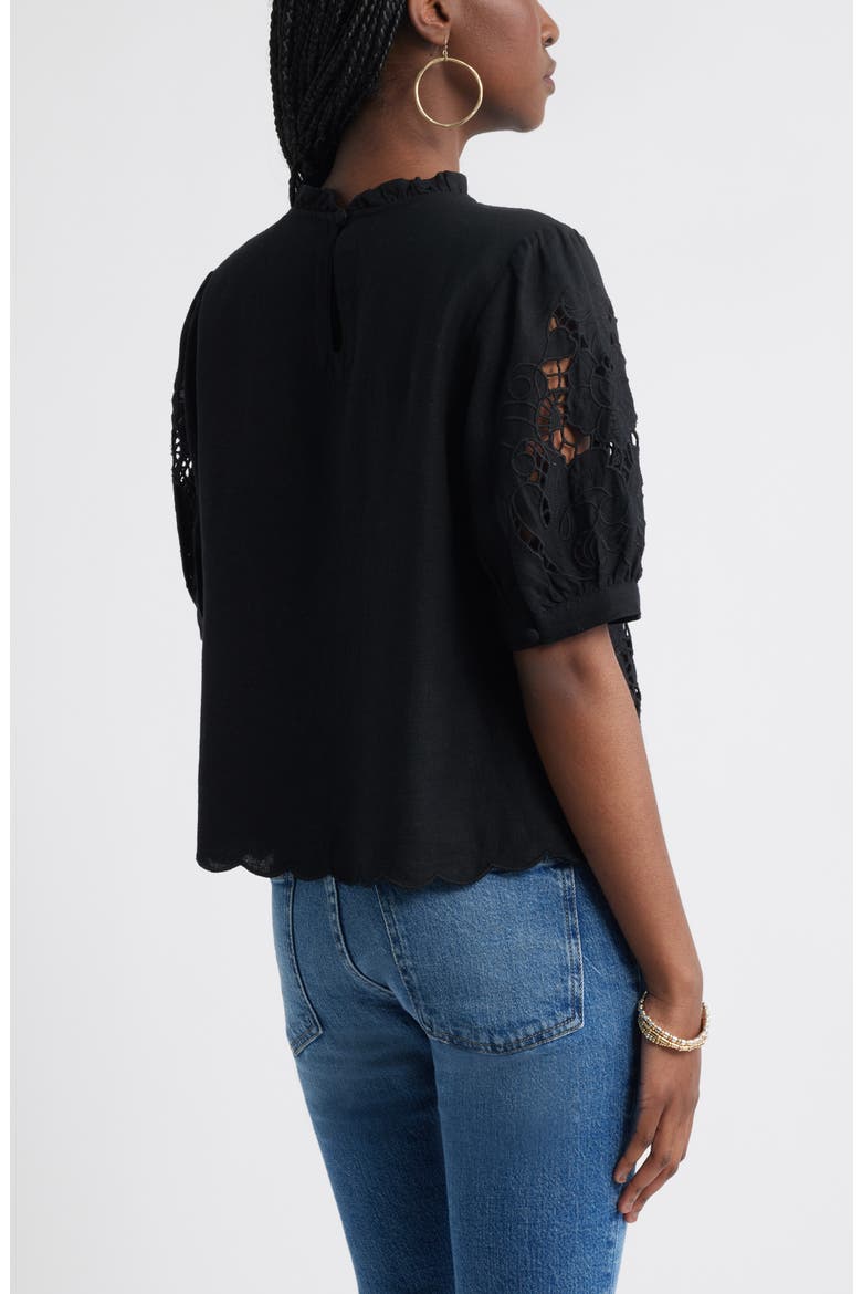 Embroidered Cutwork Puff Sleeve Linen Blend Top, Alternate, color, BLACK