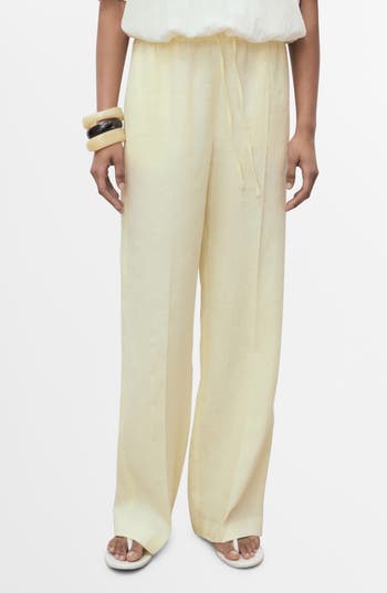Mango Straight Linen Pants With Bow Pastel Yellow In Yellow