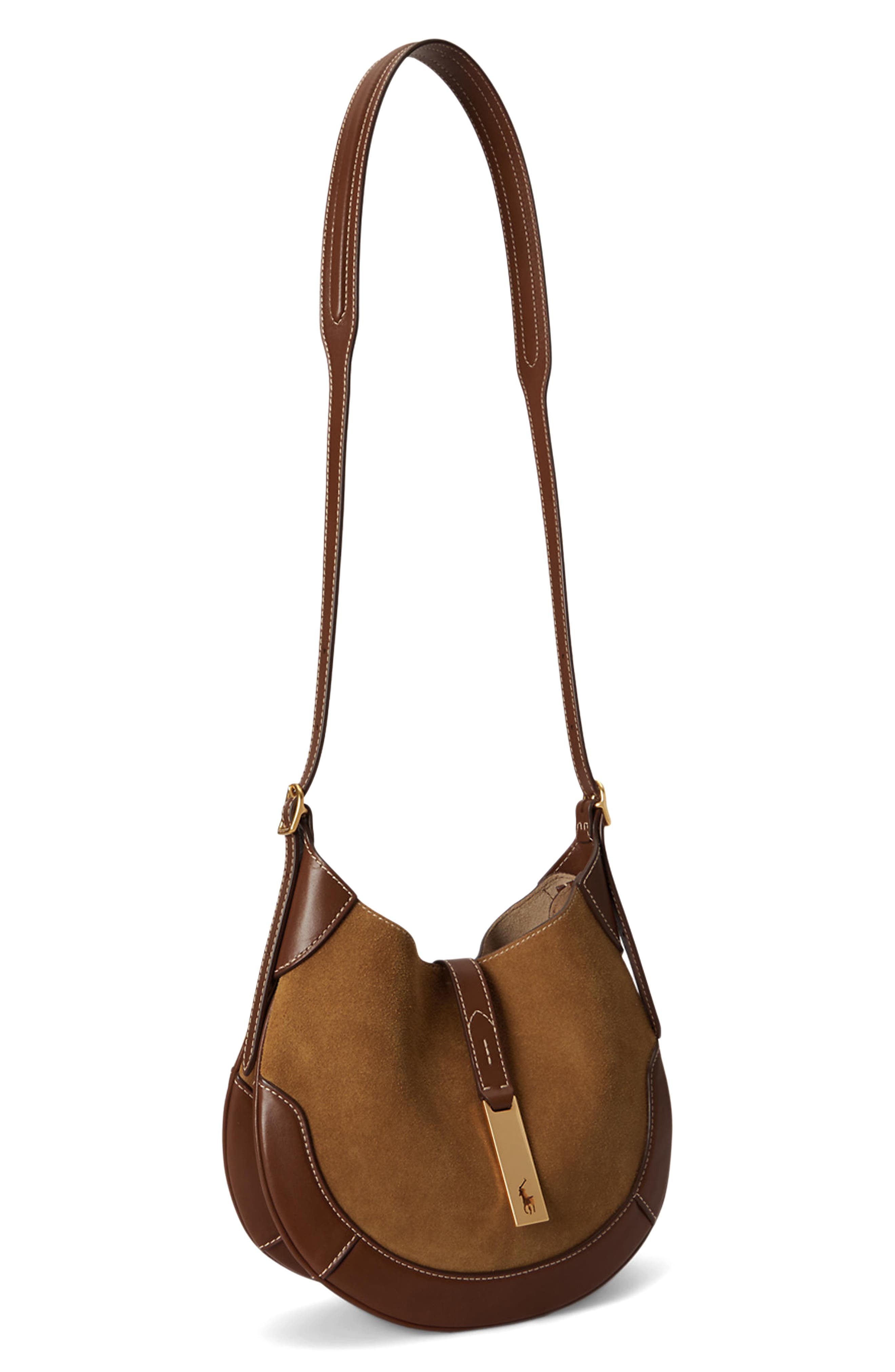 Small Polo ID Suede & Leather Shoulder Bag, Alternate, color, CLAY/ TOBACCO