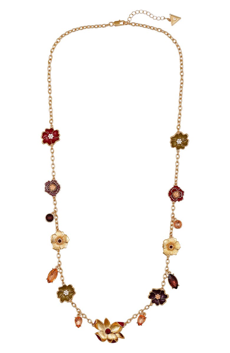GUESS Crystal Charm Floral Station Chain Long Necklace, Alternate, color, Gold Tone