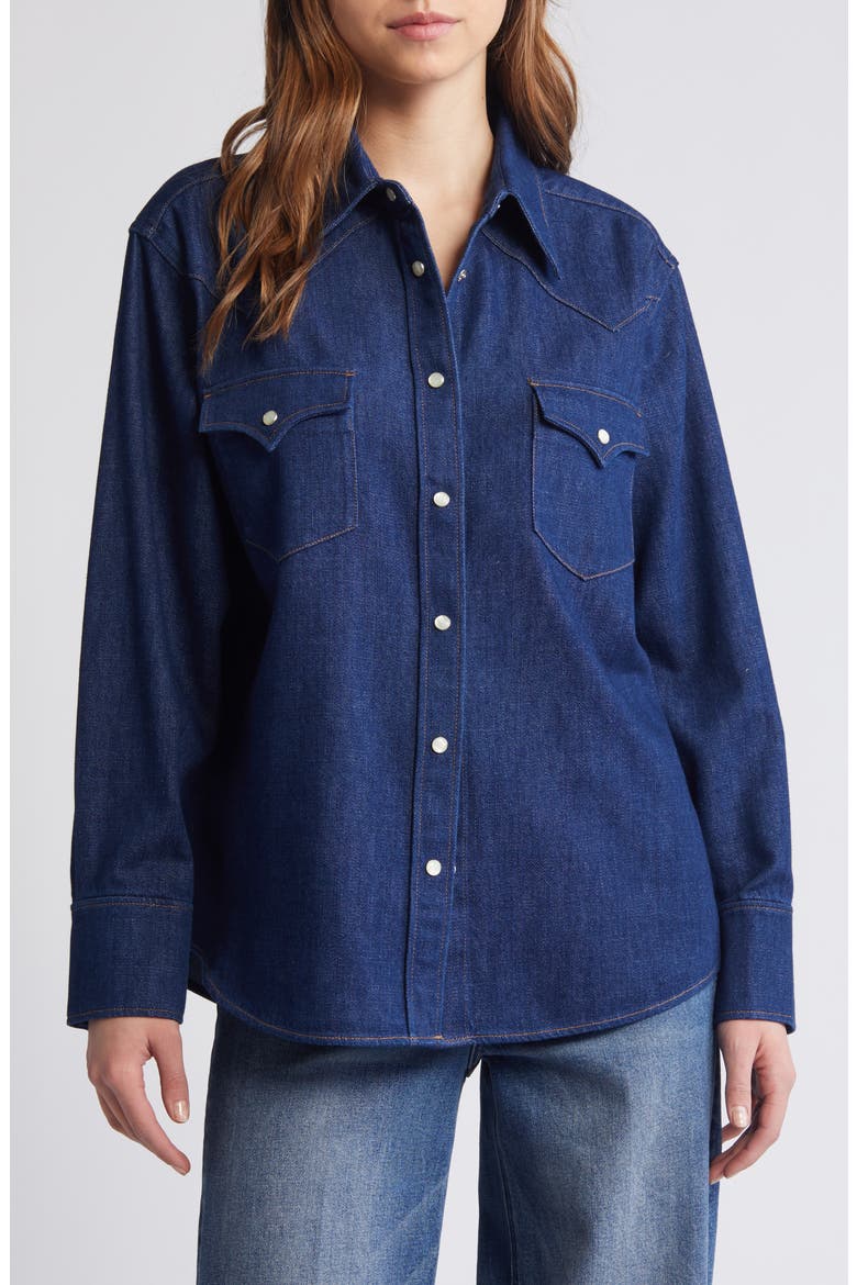 Oversize Western Organic Cotton Blend Denim Snap-Up Shirt, Main, color, BLUE DARK AMERICANO WASH