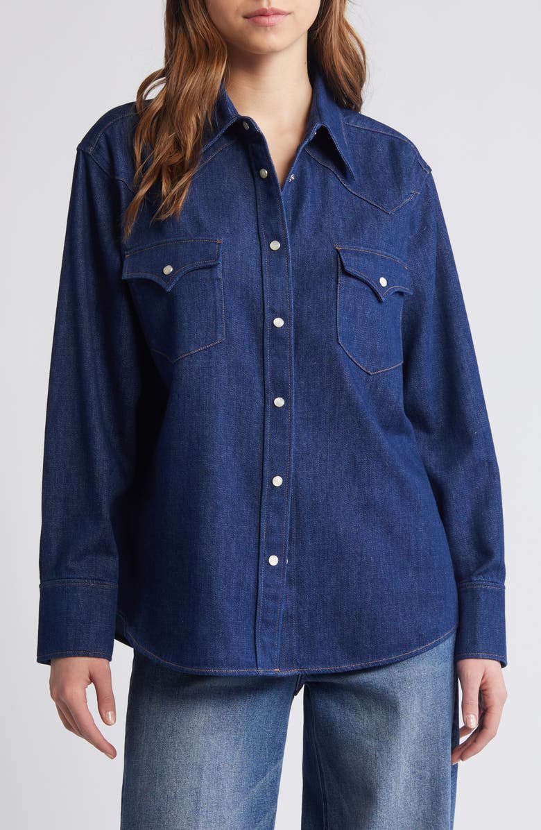 COS Oversize Western Organic Cotton Blend Denim Snap-Up Shirt, Main, color, 