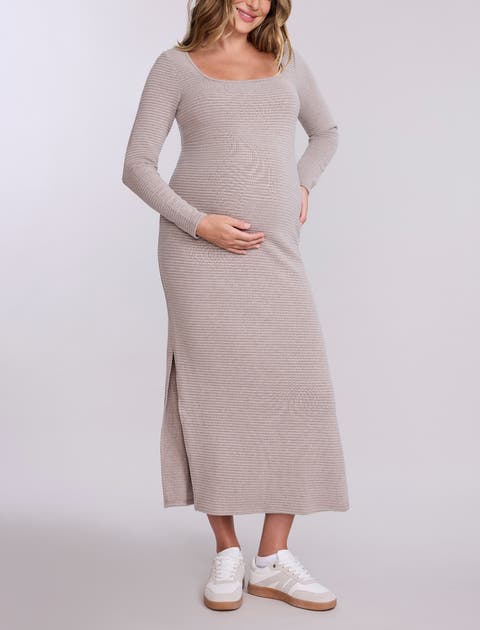 Square Neck Rib Knit Long Sleeve Bodycon Maxi Dress