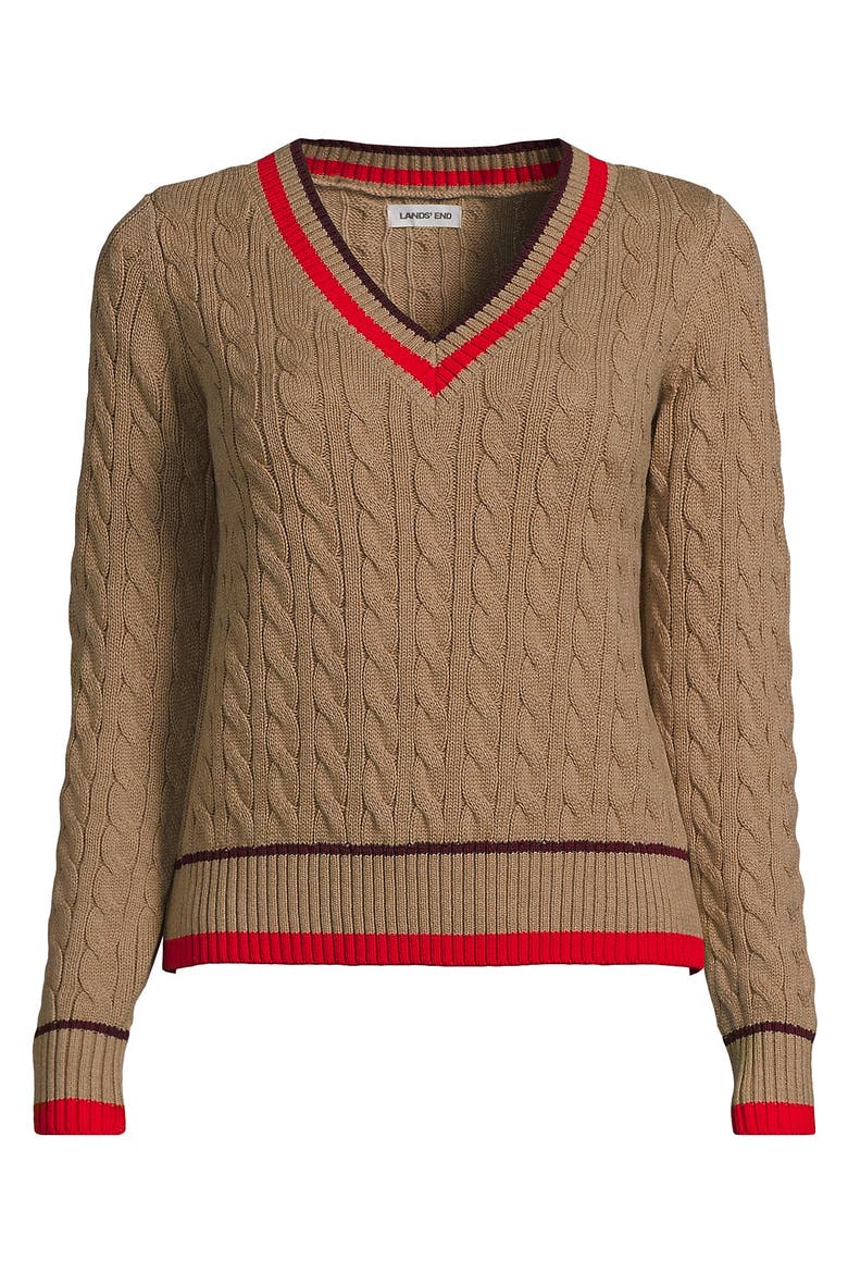Plus Drifter Cable V-neck Sweater, Alternate, color, Vicuna Heather Tipping