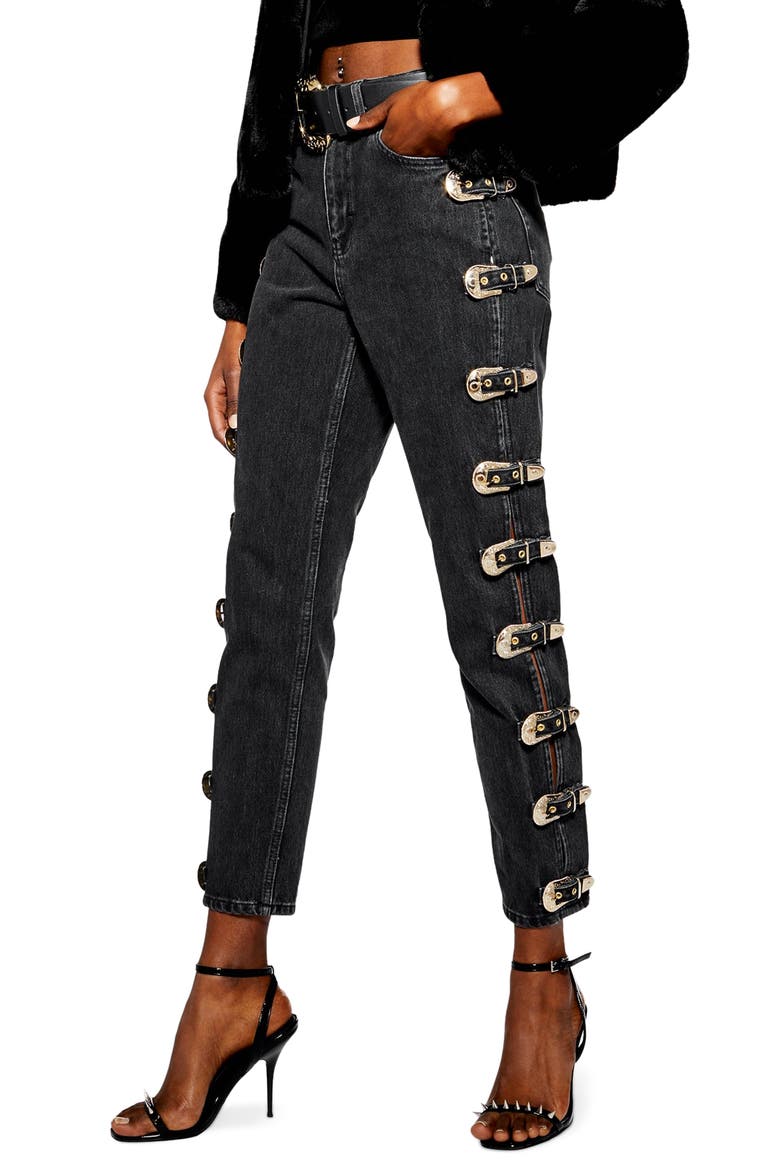 High Waist Side Buckle Mom Jeans, Main, color, BLACK