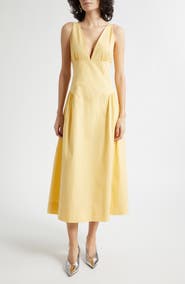 POSSE Lindie Plunge Neck Basque Waist Cotton Dress