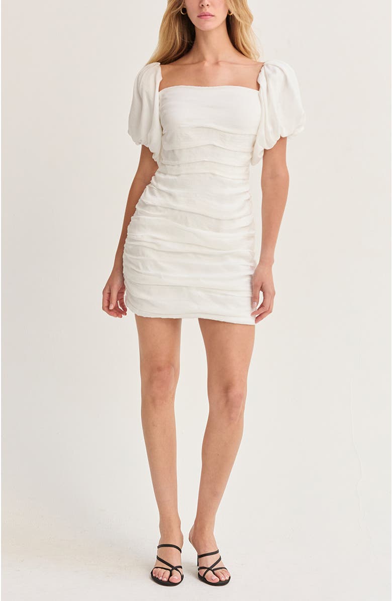 CRESCENT Puff Sleeves Ruched Mini Dress, Main, color, Ivory