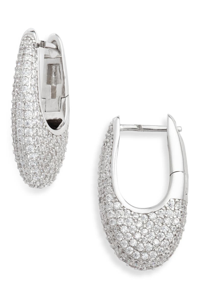 Pavé Cubic Zirconia Chubby Hoop Earrings, Main, color, CLEAR- SILVER