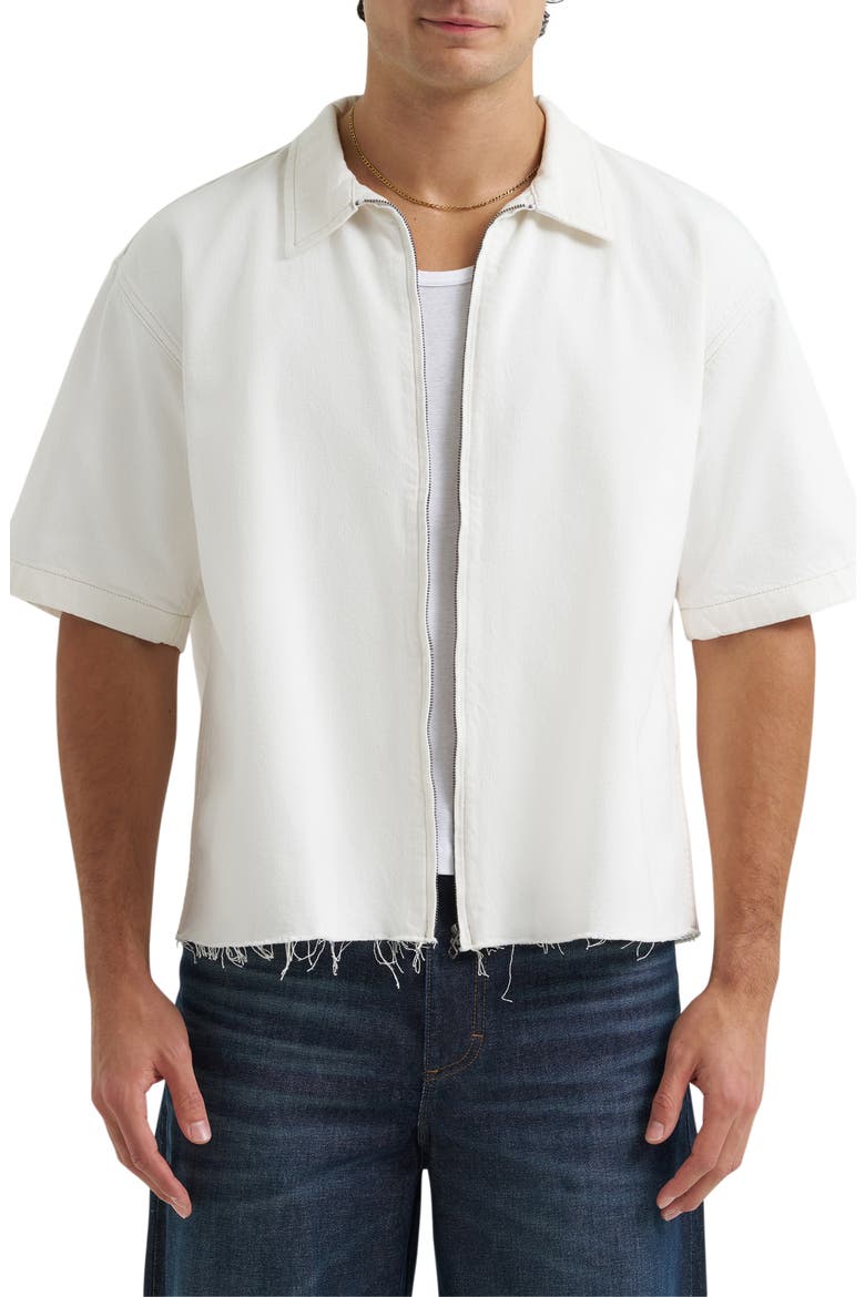 Denim Short Sleeve Zip-Up Shirt, Main, color, WHITE