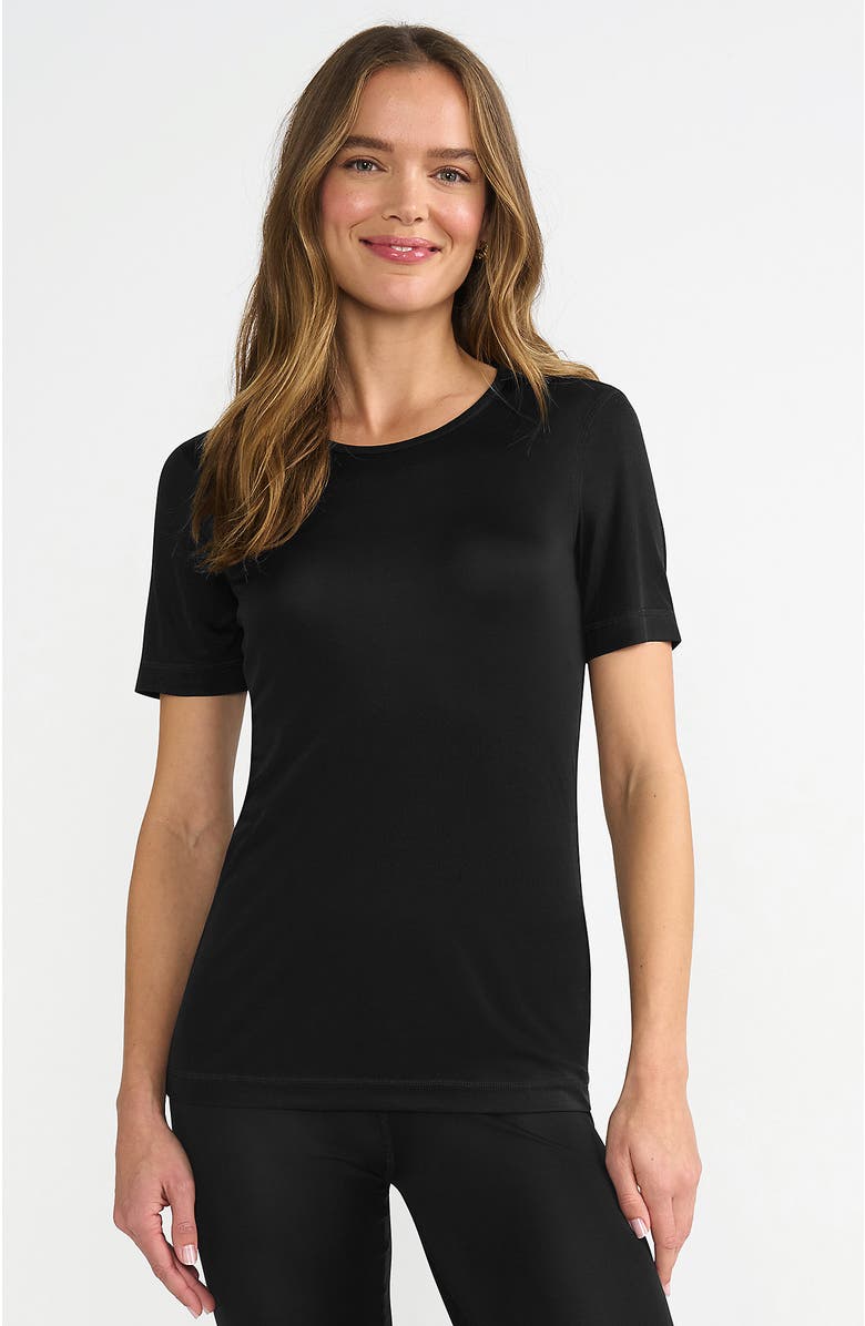 Lands' End Womens' Silk Interlock Short Sleeve Crewneck Long Underwear Thermal Baselayer Top, Main, color, Black