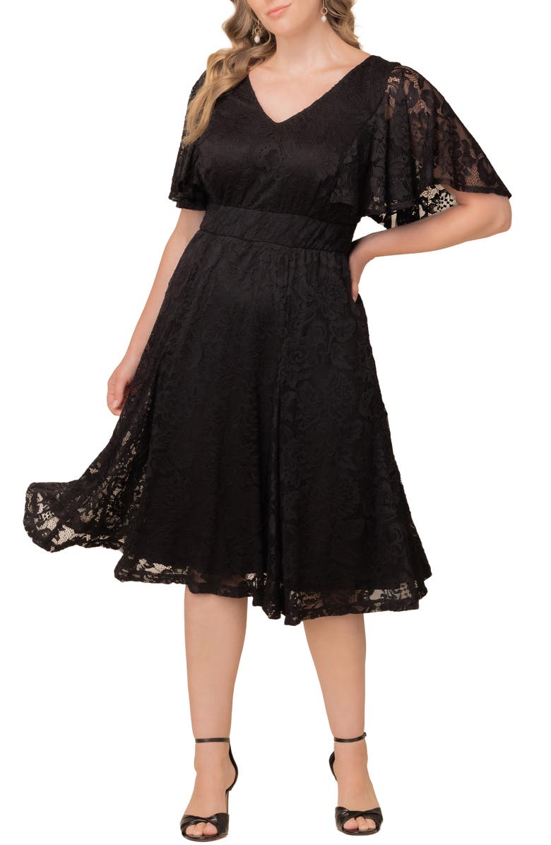 Kiyonna Camille Lace Midi Cocktail Dress, Main, color, Onyx