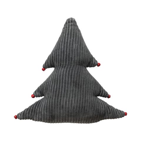 Cotton Corduroy Tree Shaped Pillow with Metal Jingle Bells, Grey & Red