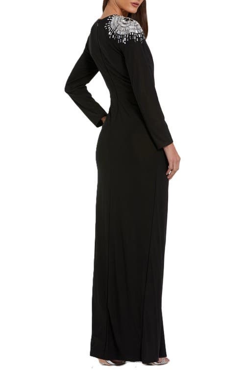 Mac Duggal Jersey Long Sleeve Weap Gown With Beaded Shoulder In Black