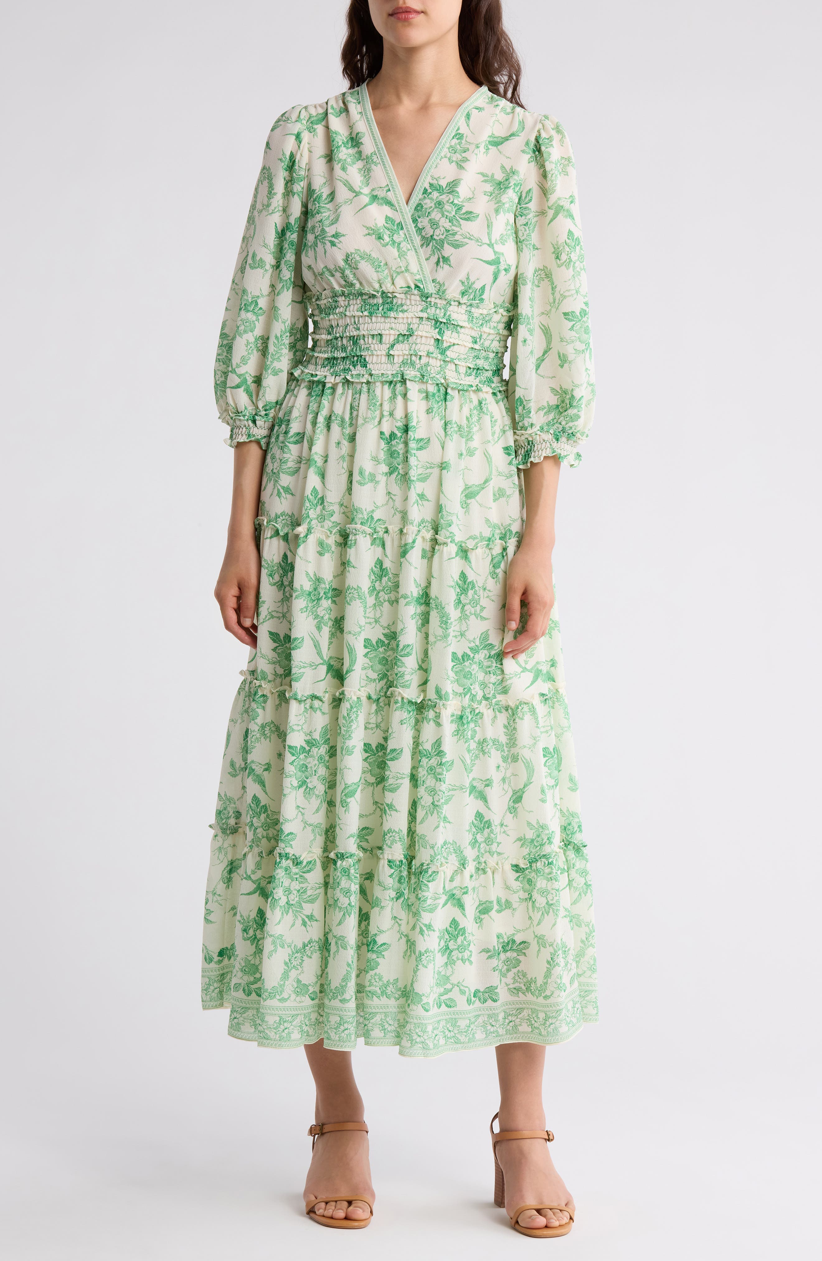 Floral Balloon Sleeve Maxi Dress - Pale Blue